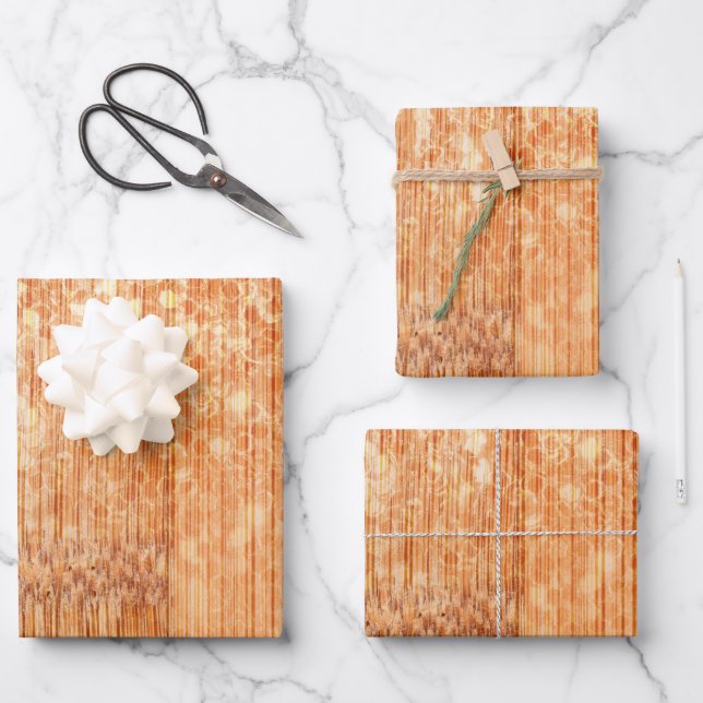 Sparkly elegant orange bamboo wood print wrapping paper sheets (Front)