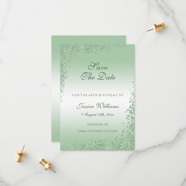 Sparkly Emerald Green Glitter Decoration Birthday Save The Date (Front/Back In Situ)