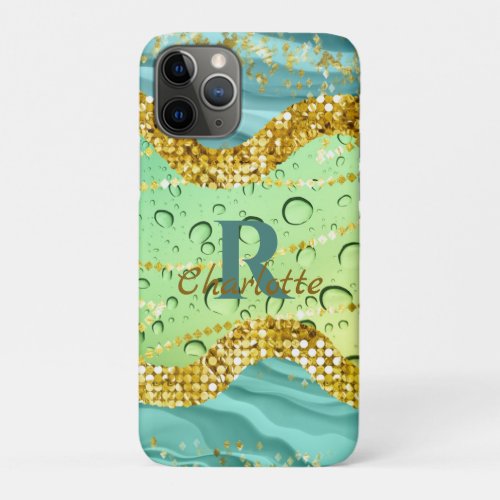 Sparkly Emerald Green Monogram  Luminous Gradient iPhone 11 Pro Case