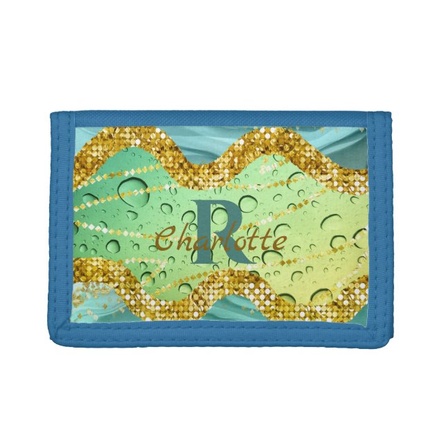 Sparkly Emerald Green Monogram | Luminous Gradient Trifold Wallet (Front)