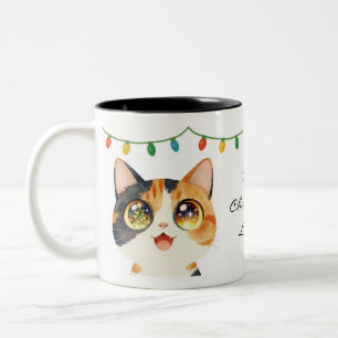 Sparkly-Eyed Cat Holy Christmas Lights Two-Tone Coffee Mug