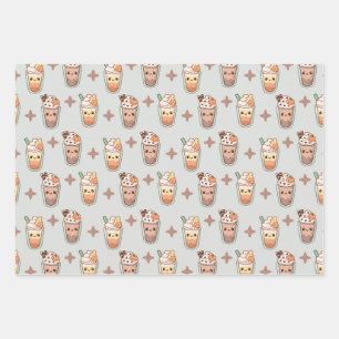 Sparkly Fall Drinks Kawaii Pastel Pattern Wrapping Paper Sheets