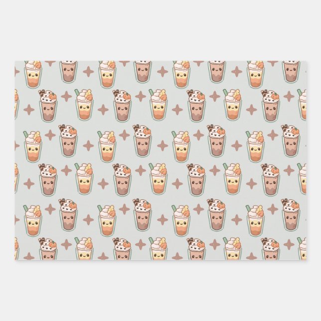 Sparkly Fall Drinks Kawaii Pastel Pattern Wrapping Paper Sheets (Front)