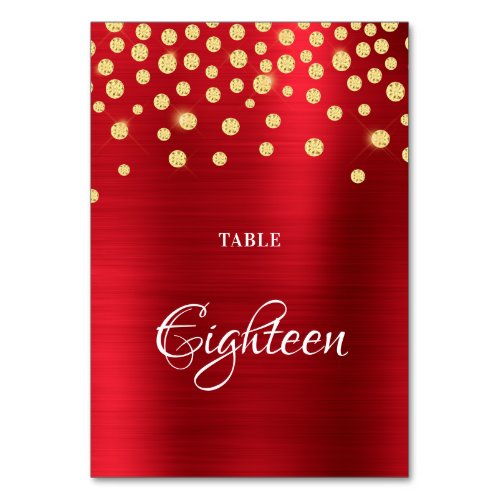 Sparkly Faux Gold Diamonds Red Satin Foil Table Number