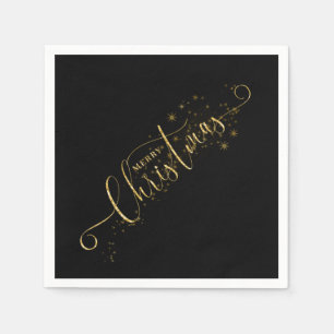 Sparkly Faux Gold Flake Merry Christmas on Black Napkins