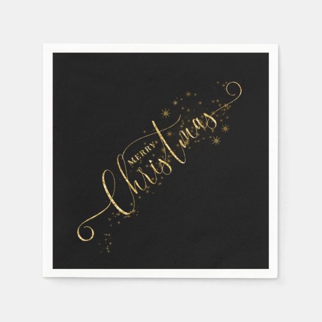 Sparkly Faux Gold Flake Merry Christmas on Black Napkins (Front)