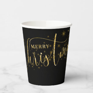 Sparkly Faux Gold Flake Merry Christmas on Black Paper Cups