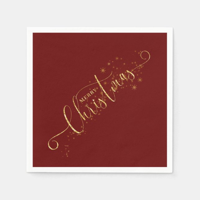 Sparkly Faux Gold Flake Merry Christmas on Red Napkins (Front)