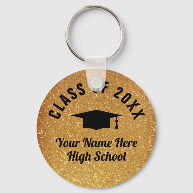 Sparkly faux gold print custom graduation class of keychain (Front)