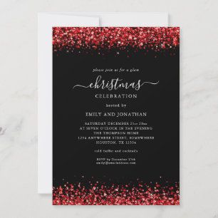 Sparkly Faux Red Glitter Christmas Party Black Invitation