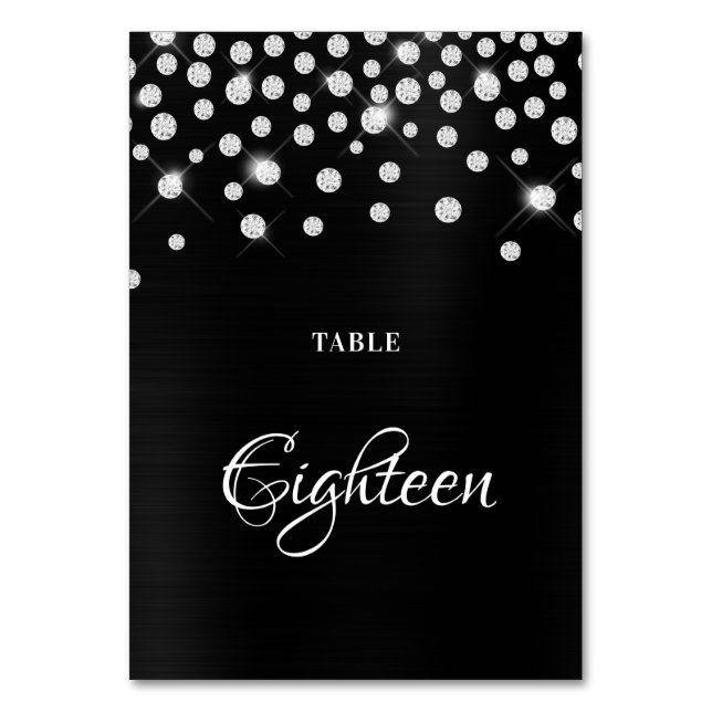 Sparkly Faux Silver Diamonds Black Satin Foil Table Number (Front)