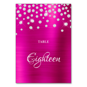 Sparkly Faux Silver Diamonds Hot Pink Satin Foil Table Number