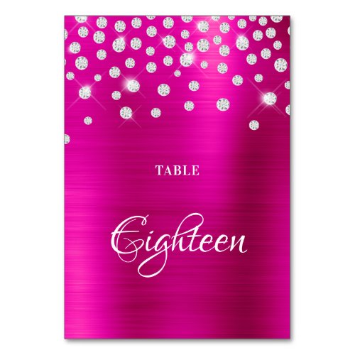 Sparkly Faux Silver Diamonds Hot Pink Satin Foil Table Number