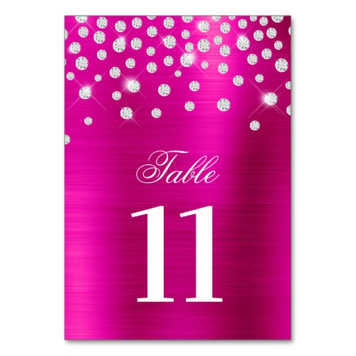 Sparkly Faux Silver Diamonds Hot Pink Satin Foil Table Number