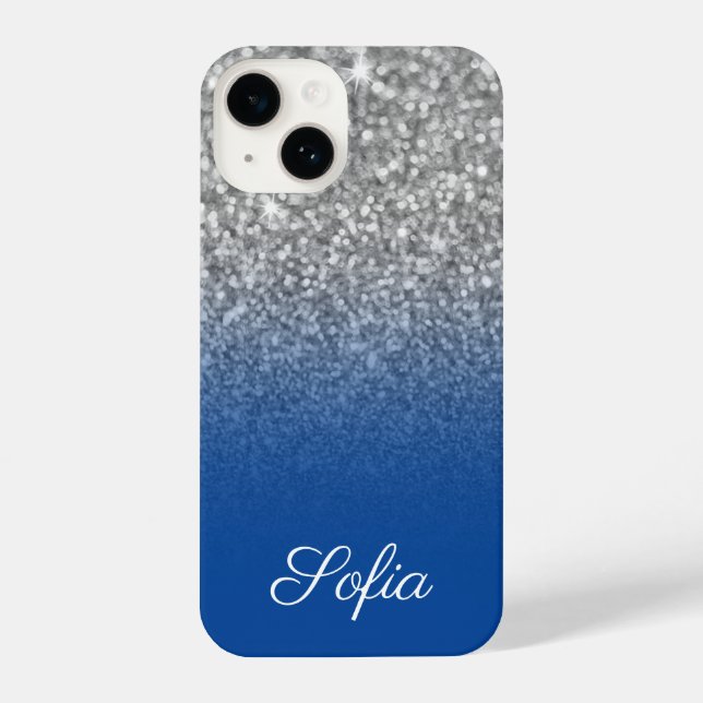 Sparkly Faux Silver Glitter and Deep Blue Ombre iPhone Case (Back)