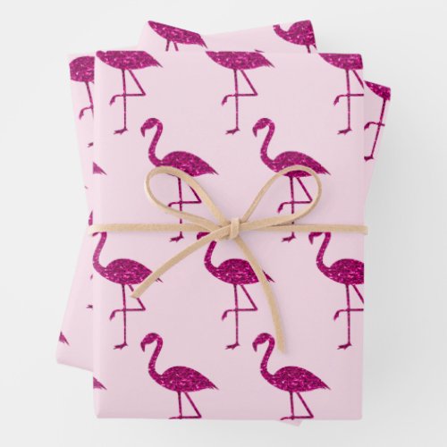 Sparkly flamingo glitter pattern pink wrapping paper sheets