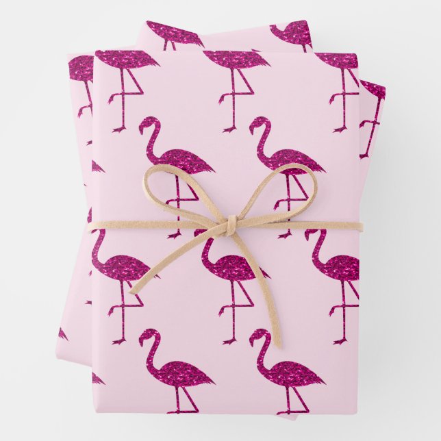 Sparkly flamingo glitter pattern pink wrapping paper sheets (In situ)