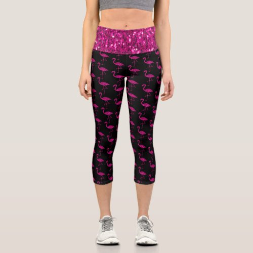 Sparkly flamingo hot pink faux sparkles Black Capri Leggings