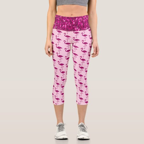 Sparkly flamingo hot pink faux sparkles Light pink Capri Leggings