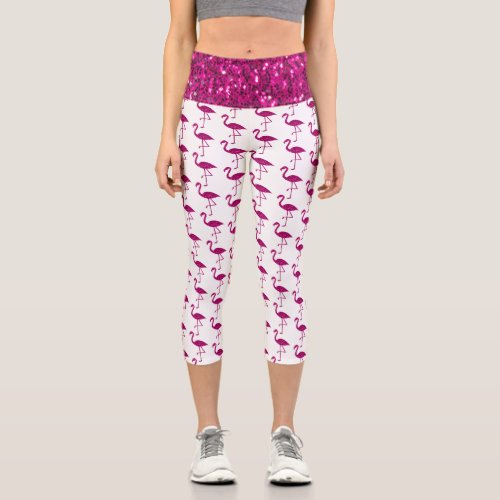 Sparkly flamingo hot pink faux sparkles on white capri leggings