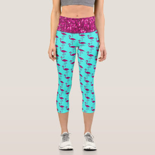 Sparkly flamingo hot pink faux sparkles Teal blue Capri Leggings