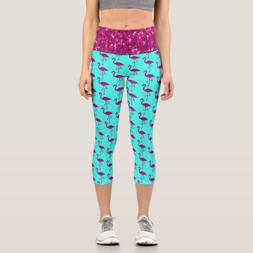 Sparkly flamingo hot pink faux sparkles Teal blue Capri Leggings