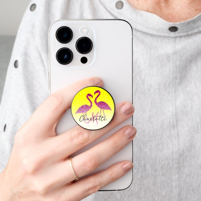 Sparkly flamingo Pink glitter Monogram neon yellow PopSocket (Hand)