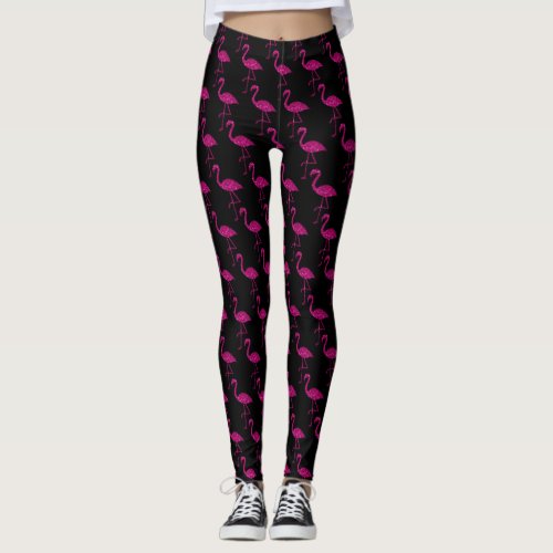 Sparkly flamingo Pink glitter pattern black Leggings