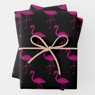 Sparkly flamingo Pink glitter pattern Black Wrapping Paper Sheets