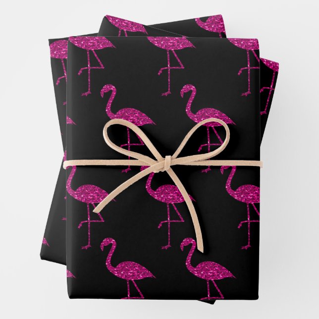 Sparkly flamingo Pink glitter pattern Black Wrapping Paper Sheets (In situ)