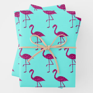Sparkly flamingo Pink glitter pattern Teal blue Wrapping Paper Sheets