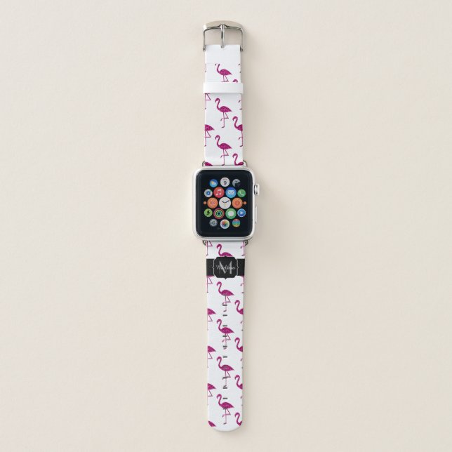 Sparkly flamingo Pink glitter sparkles Monogram Apple Watch Band (Front)