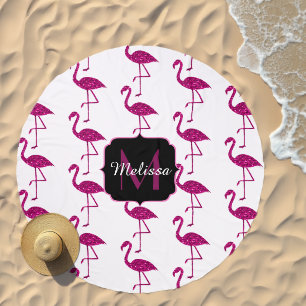Sparkly flamingo Pink glitter sparkles Monogram Beach Towel