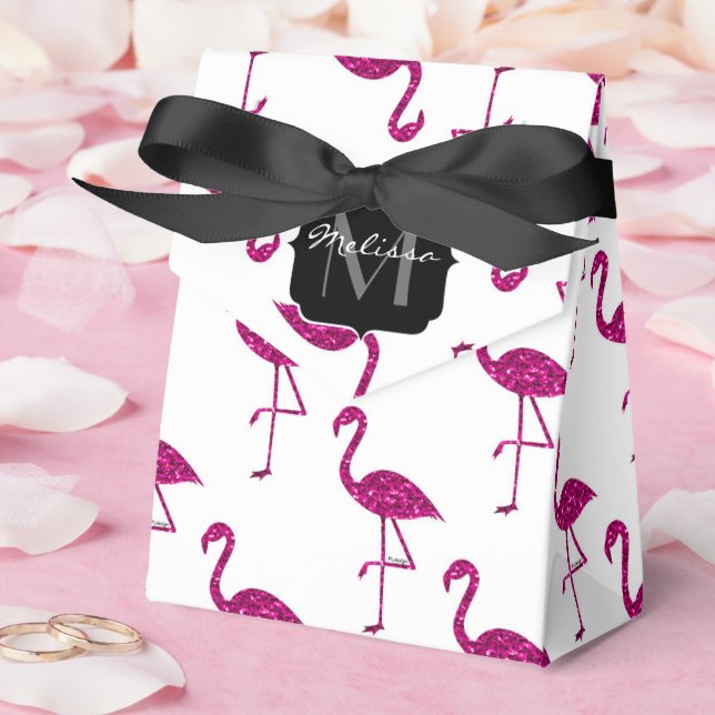 Sparkly flamingo Pink glitter sparkles Monogram Favor Boxes (Wedding)