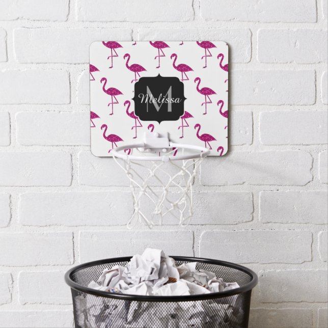 Sparkly flamingo Pink glitter sparkles Monogram Mini Basketball Hoop (In Situ)