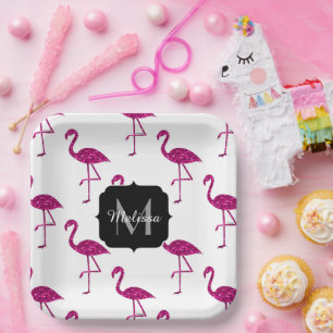 Sparkly flamingo Pink glitter sparkles Monogram Paper Plates