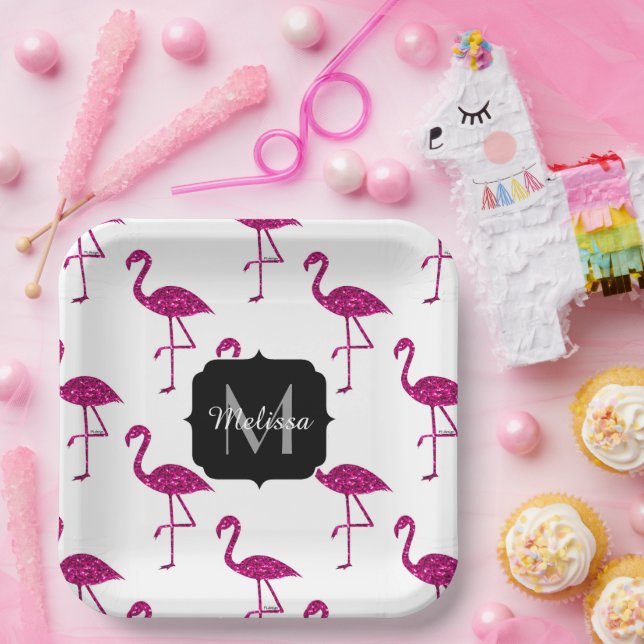 Sparkly flamingo Pink glitter sparkles Monogram Paper Plates (Party)