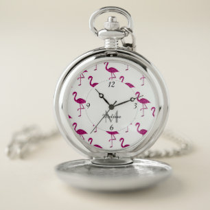 Sparkly flamingo Pink glitter sparkles Monogram Pocket Watch
