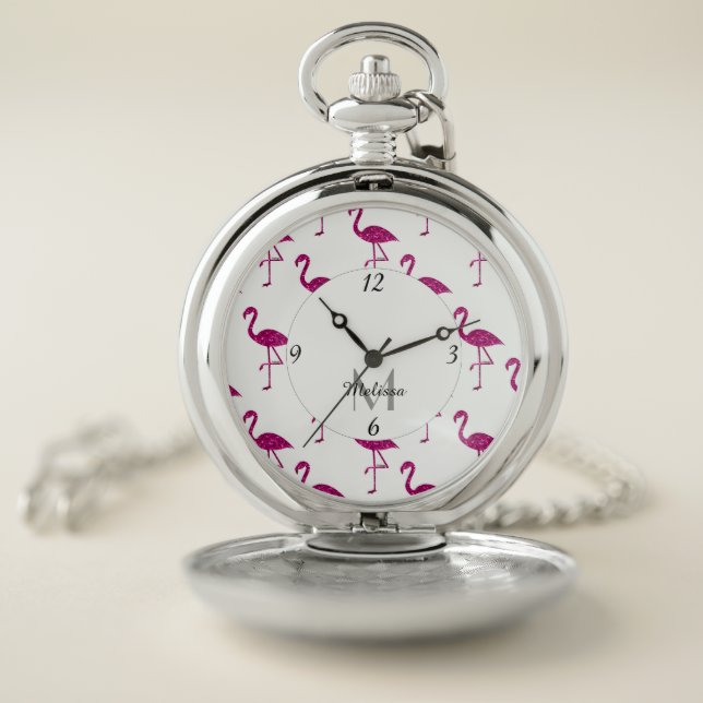 Sparkly flamingo Pink glitter sparkles Monogram Pocket Watch (Inside)