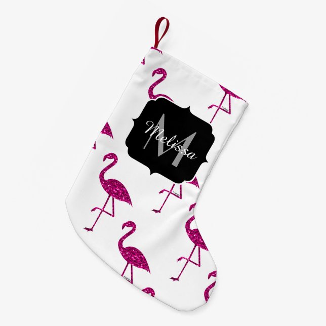 Sparkly flamingo Pink glitter sparkles Monogram Small Christmas Stocking (Front (Hanging))