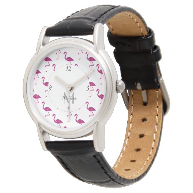 Sparkly flamingo Pink glitter sparkles Monogram Watch (Angled)