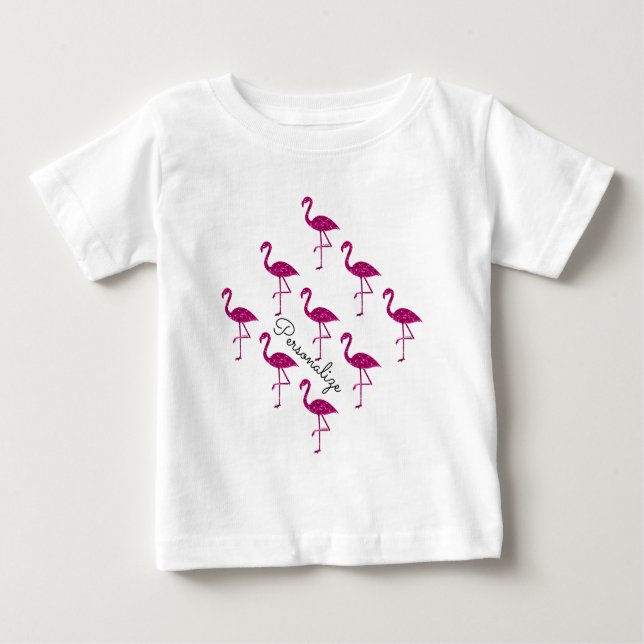 Sparkly flamingo Pink glitter sparkles Personalize Baby T-Shirt (Front)