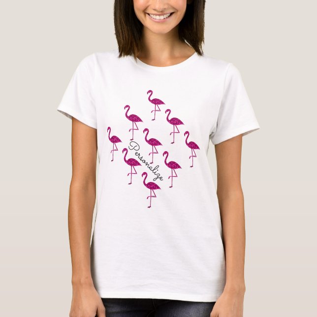 Sparkly flamingo Pink glitter sparkles Personalize T-Shirt (Front)