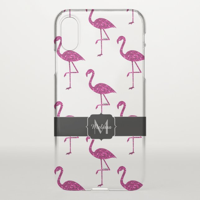 Sparkly flamingo Pink sparkles Monogram Uncommon iPhone Case (Back)