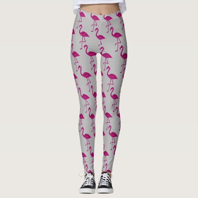 Sparkly flamingo Pink sparkles pattern gray Leggings (Front)