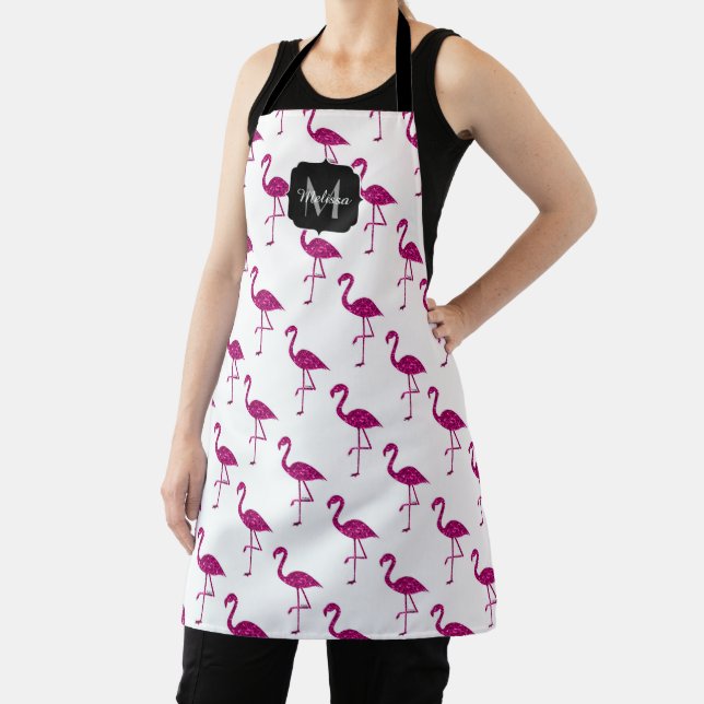 Sparkly flamingo Pink sparkles pattern Monogram Apron (Insitu)