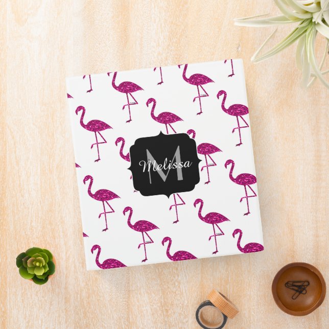 Sparkly flamingo Pink sparkles pattern Monogram Binder (In Situ)
