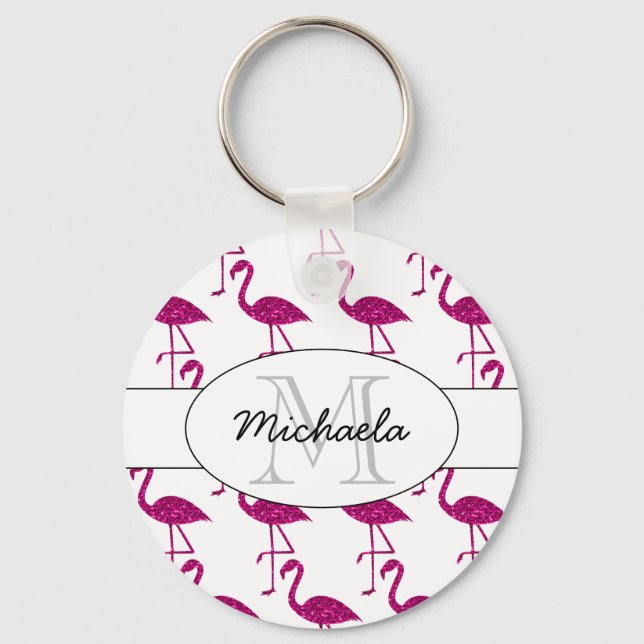 Sparkly flamingo Pink sparkles pattern Monogram Keychain (Front)