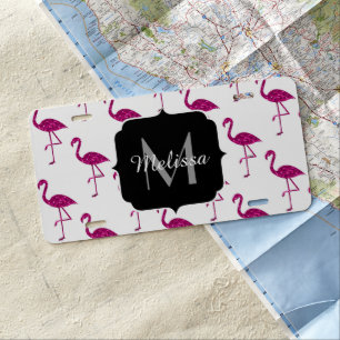 Sparkly flamingo Pink sparkles pattern Monogram License Plate