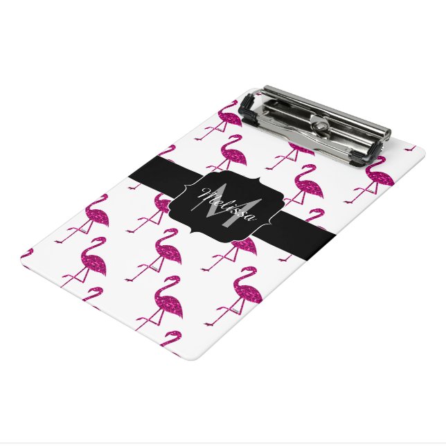 Sparkly flamingo Pink sparkles pattern Monogram Mini Clipboard (Angled3)